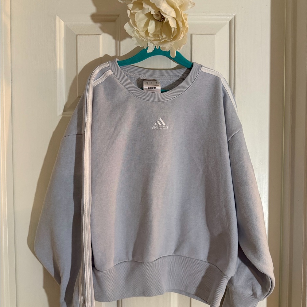 adidas Women's Light Gray Crewneck with White Stripe Detail